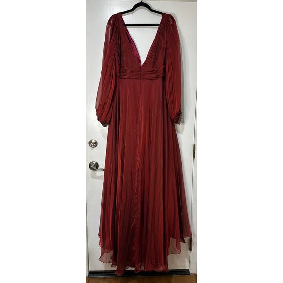Mac Duggal Red Chiffon Open Sleeve A Line Gown Garnet Size 14 NWT 67414 Romantic - Picture 11 of 16